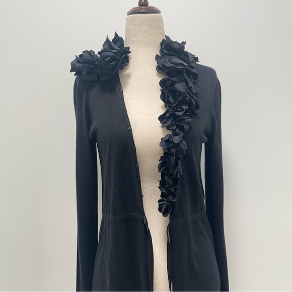 Magaschoni Silk Cashmere Blend Ruffle Long Sleeve Black Cardigan Size Small - Picture 10 of 13